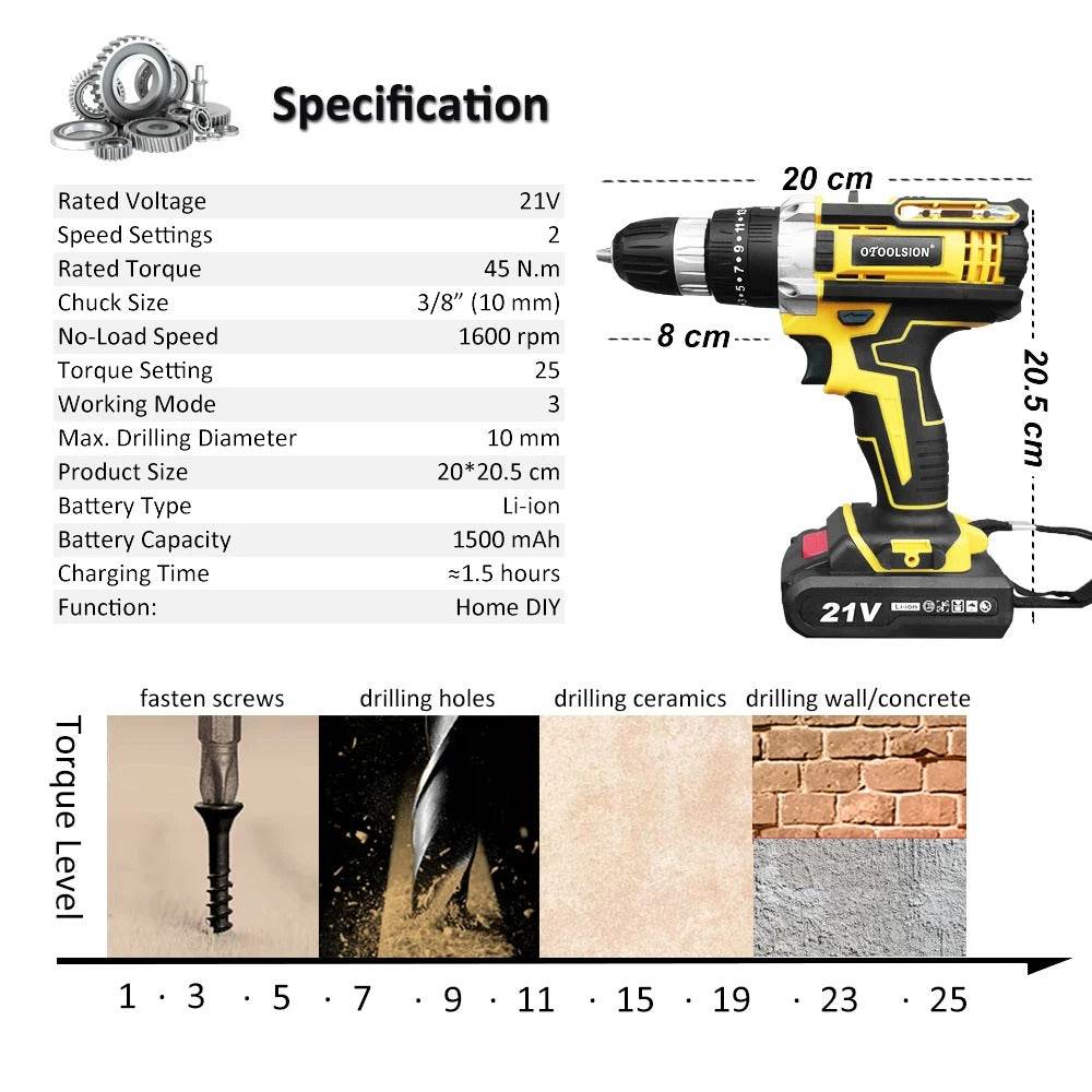 Torque Impact Cordless Screwdriver Drill (21V) image 2