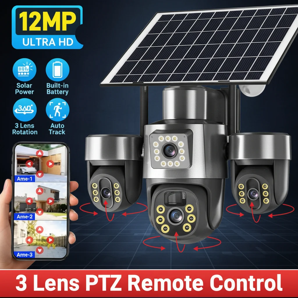 12MP Ultra HD Solar Powered WiFi PTZ Security Camera System with 3 Lens Rotation image 3
